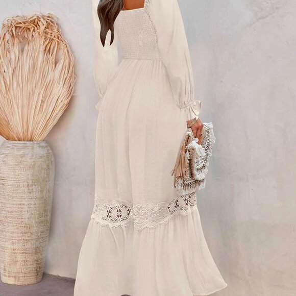 Elegant Women’s Long Sleeve Flowy A-Line Lace Trim Maxi Dress - Small Size - Picture 4 of 8